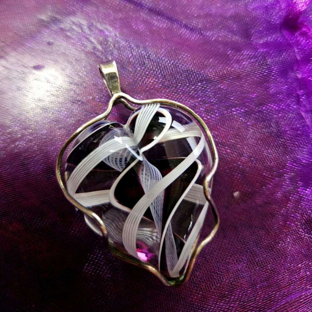 Purple Blown Glass Heart Encased In Silver Ready To Hang From Chain